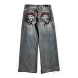 Skull Embroidered Loose Fit Jeans Fashion Harajuku Trend Y2K Women Casual Street Hip Hop High Waist Wide Leg Straight Leg Pants - Lootquake