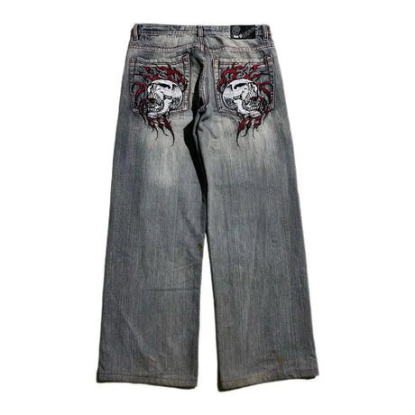 Skull Embroidered Loose Fit Jeans Fashion Harajuku Trend Y2K Women Casual Street Hip Hop High Waist Wide Leg Straight Leg Pants - Lootquake
