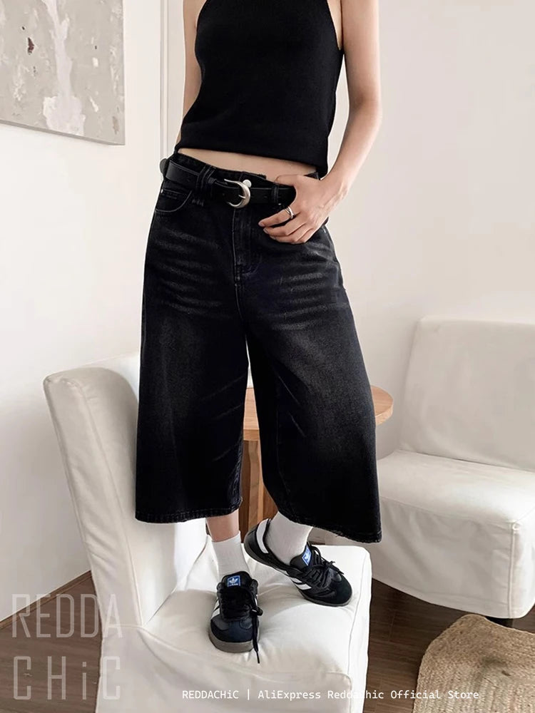 REDDACHiC Retro Y2k Baggy Jorts Women Men Whiskers Black Jeans Low Waist Casual Wide Pants Frayed Denim Shorts Big Size Clothes - Lootquake