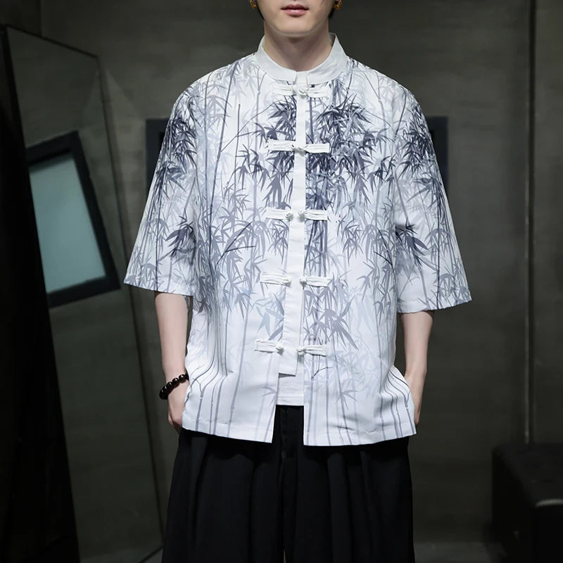 Men Chinese Style Hanfu Shirt Mens loose Tops Tang Suit Bamboo Printing Traditional Kung Fu Shirts Male Casual Shirts M-XXXXXL - Lootquake
