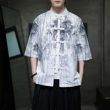Men Chinese Style Hanfu Shirt Mens loose Tops Tang Suit Bamboo Printing Traditional Kung Fu Shirts Male Casual Shirts M-XXXXXL - Lootquake