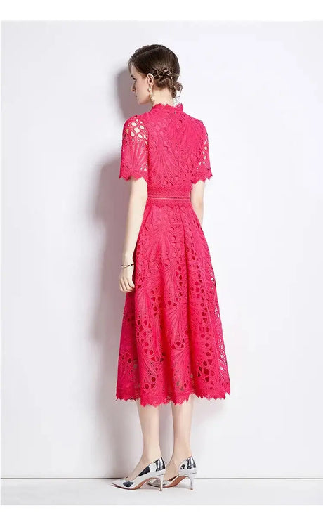 SMTHMA Vintage High-End O-Neck Short Sleeve Lace Hollow Out Dress For Women's Summer Slim Elegant Long Dress Female Clothing - Lootquake