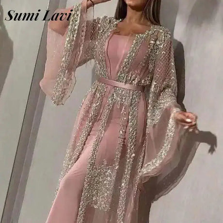 Elegant Women Glitter Flared Long Sleeve Long Dress Vintage French Evening Dress Sexy Ladies Mesh Patchwork Split Party Dresses - Lootquake