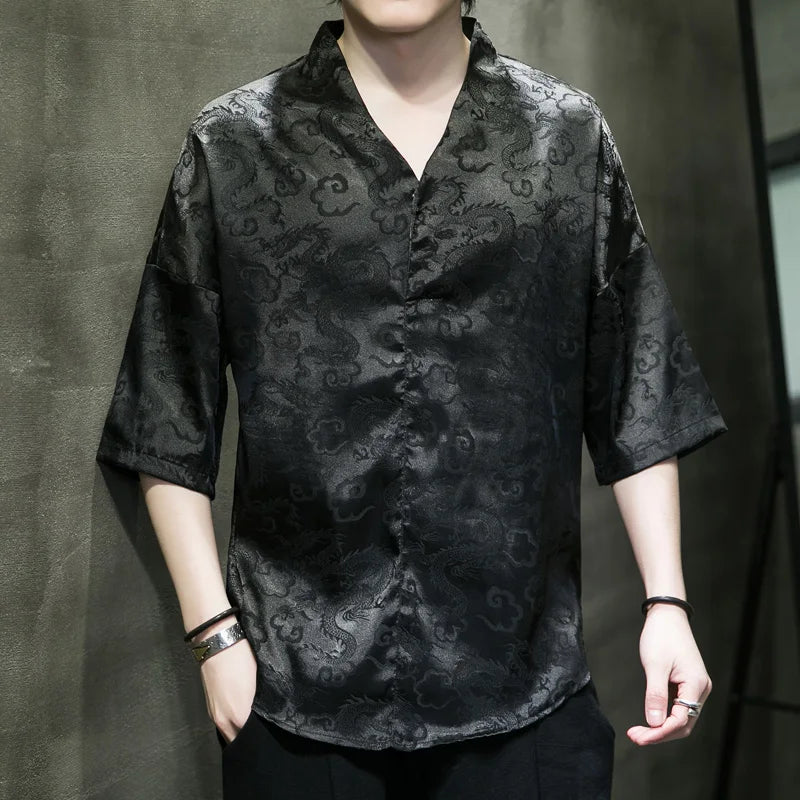 M-5XL Plus Size Men Dragon Pattern Shirt Short Sleeve V Neck Summer Streetwear Stain Chinese Pullover Blouse for Men XXXXXL - Lootquake