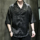 M-5XL Plus Size Men Dragon Pattern Shirt Short Sleeve V Neck Summer Streetwear Stain Chinese Pullover Blouse for Men XXXXXL - Lootquake