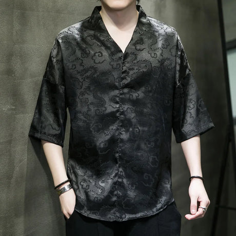 M-5XL Plus Size Men Dragon Pattern Shirt Short Sleeve V Neck Summer Streetwear Stain Chinese Pullover Blouse for Men XXXXXL - Lootquake
