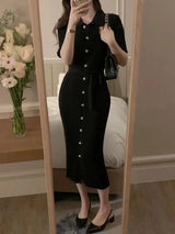 Elegant Summer Sweet Sle Turn-down Collar Single-button Thin Ice Silk Short-sleeve Knitted Long Dress Women's Fashion - Lootquake