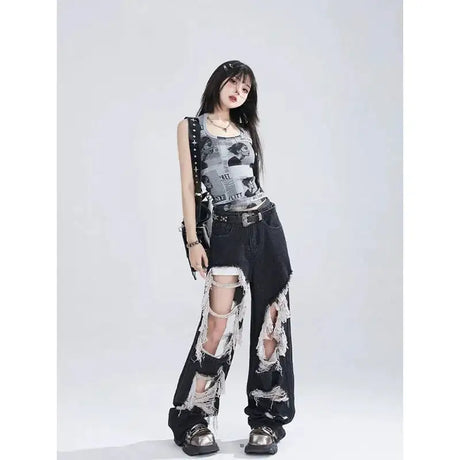 Women's Gothic Black Jeans High Waist Vintage Korean Fashion Y2k Streetwear Ripped Pants Harajuku Casual Wide Leg Denim Trousers - Lootquake