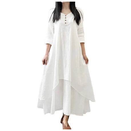 Women Elegant Linen White Dresses Bohemia Layering Vintage Robe Long Sleeve Loose Long Dress Female Autumn Vestidos - Lootquake