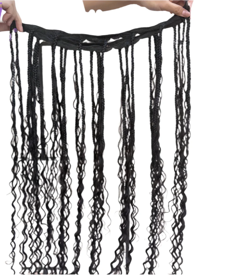 Boho Box Braids Crochet Human Hair Extensions | Curly Weave Bundles | Brazilian Hair | Natural Black | For Braiding & Styling