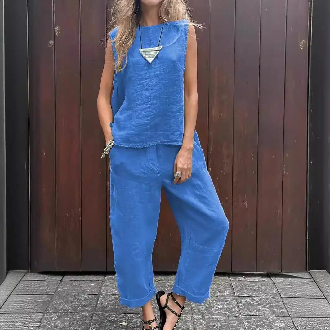 Summer Cotton And Linen Casual Outfits Female Fashion Solid Color Two-piece Set For Women Sleeveless Top Trousers Women's Suit - Lootquake