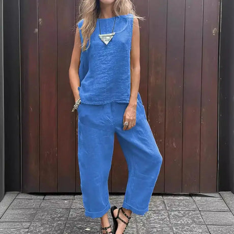 Summer Cotton And Linen Casual Outfits Female Fashion Solid Color Two-piece Set For Women Sleeveless Top Trousers Women's Suit - Lootquake