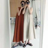 2022 Minimalist Chic Loose Swing Sleeveless Mid-length Casual Cotton Linen Long Dress  Round Neck High Waist Women Runway Dress - Lootquake