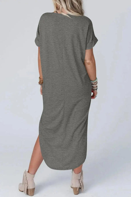 Summer New Women Elegant Solid Color Dress Short Sleeve V-Neck Cotton Linen Comfortable Loose Pocket Ladies Long Dress Vestidos - Lootquake