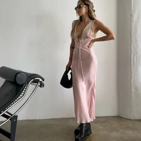 Y2K Chic Women Lace Trim Long Dress 90s Vintage Sexy V Neck Tie Up Backless Bodycon Elegant Lady Club Party Night Cocktail Dress - Lootquake
