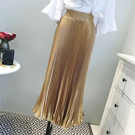 High-Waisted Vintage A- Line Accordion Skirt European Style Pleated Dress Metal Color Wide Hemline Long Dress For Women - Lootquake