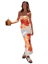 CUTENOVA Women's 2024 New Flower Printed Tubeless Dress Casual Vacation Off Shoulder Slim Beach Floor Length Long Dress - Lootquake