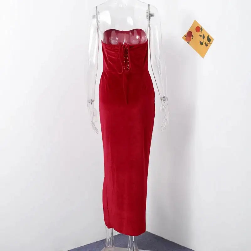 Elegant Velvet Knot Side Split Strapless Maxi Dress Women Back Bandage Off Shoulder Sleeveless Evening Long Dress Party Vestidos - Lootquake