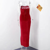 Elegant Velvet Knot Side Split Strapless Maxi Dress Women Back Bandage Off Shoulder Sleeveless Evening Long Dress Party Vestidos - Lootquake