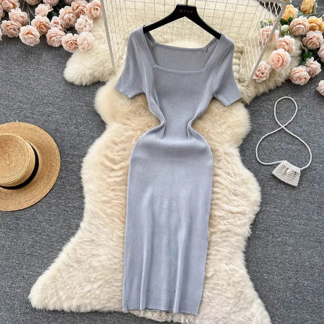 Green 2024 Sexy Summer Knit Short Sleeve Dress Women Squar Collar Waist Bodycon Sundress Female Beach  Backless Long Dress - Lootquake
