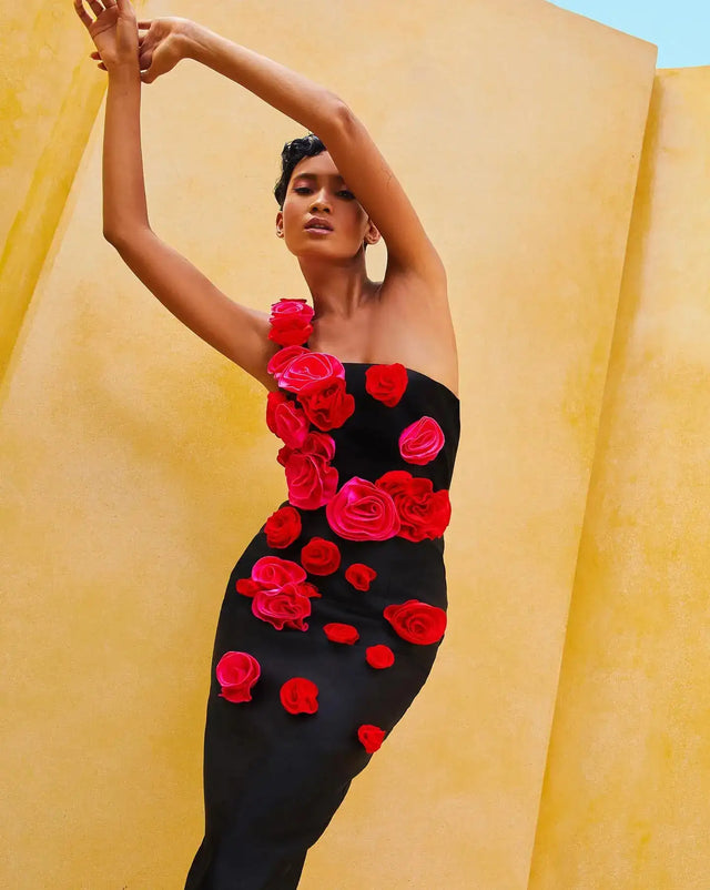 2025 New Spring Women Sexy One Shoulder Red Flowers Bodycon Bandage Long Dress Celebrate Evening Party Nightclub Dress - Lootquake