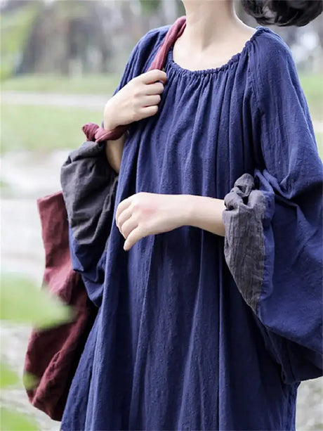 Oversized Spring New Women Big Size Robe Dress Korea Casual Loose Ladies Pullover Cotton Linen Dresses Woman Blue Long Dress - Lootquake