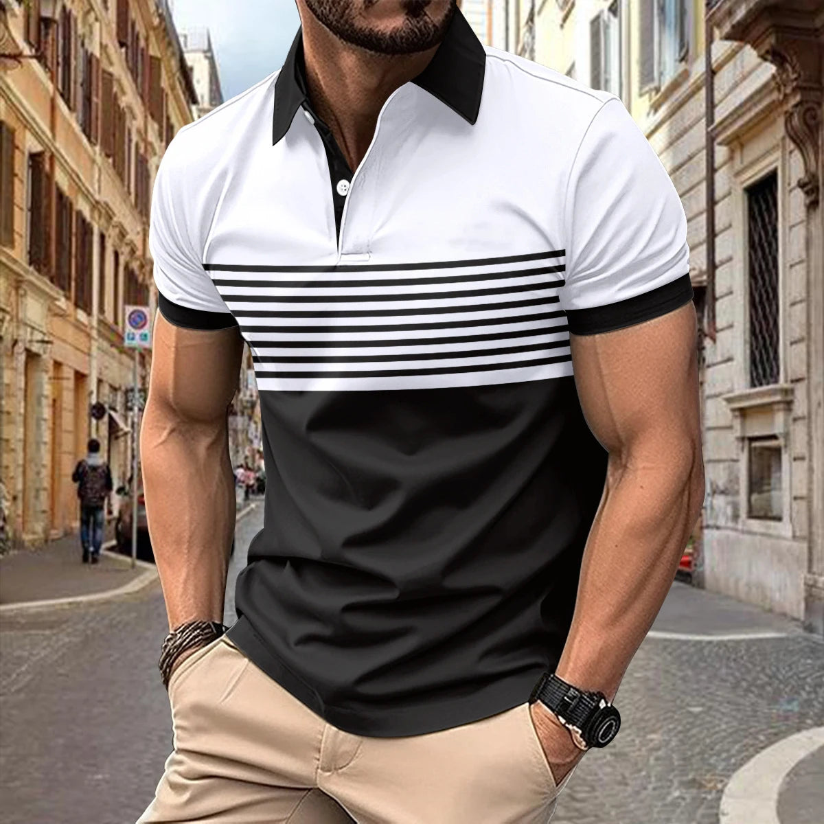 2024 Polo Shirt Polyester Casual Beach Polo Shirts Summer Contrast Striped Printing Shirts Mens Polo Shirts Mens Best For Man - Lootquake