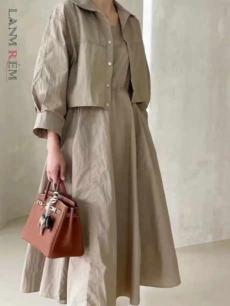 LANMREM 2 Pieces Sets For Women Suspender Long Dress With Sleeves Coat Female Casual Clothing 2024 Summer New 2DA6550 - Lootquake