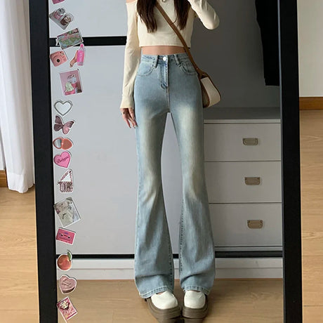 Women Flare Stretch Moustache Jeans Fashion Skinny Bell Bottom High Waist Gray Denim Pants Lady Classic Y2K Punk Long Trousers - Lootquake
