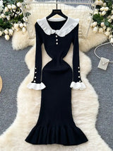 SINGREINY 2024 Hotsweet Slim Autumn Dress Women Peter pan Collar Long Sleeves Patchwork Preppy Style Mermaid Sweater Long Dress - Lootquake