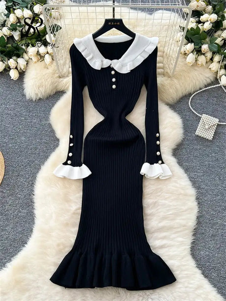 SINGREINY 2024 Hotsweet Slim Autumn Dress Women Peter pan Collar Long Sleeves Patchwork Preppy Style Mermaid Sweater Long Dress - Lootquake