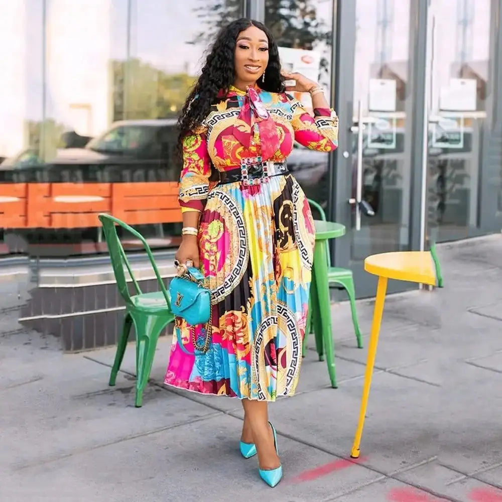 2024 Spring Summer New Cross-border Wishdress Women's Clothing Artistic Printing Plenty Folds Seven-half Sleeves Long Dress - Lootquake