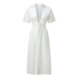 Summer Sexy Hollow Out Beach Tunic Pareo White V Neck Cover Up Long Dress Bikini Cover Up  Swimwear Bathing Suit Beachwear - Lootquake