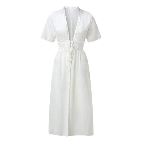 Summer Sexy Hollow Out Beach Tunic Pareo White V Neck Cover Up Long Dress Bikini Cover Up  Swimwear Bathing Suit Beachwear - Lootquake