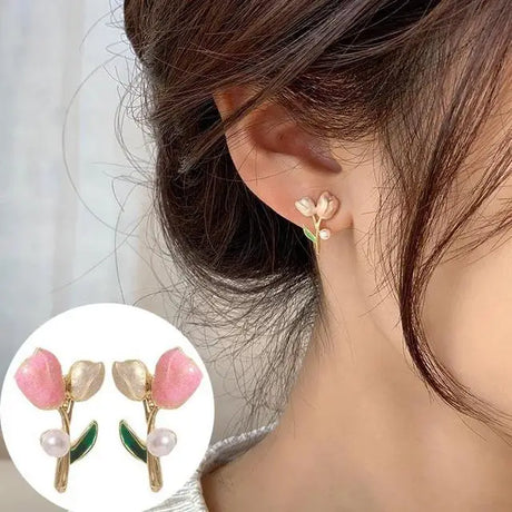 Kiss Jewelry Cute Sweet Flower Round Shape Pearl Rhinestone Stud Earrings for Women Tulip Floral Korean Fashion Earring Gift - Lootquake