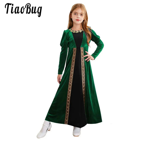 Girls Velvet Medieval Princess Dress Long Sleeve Renaissance Retro Robe Ancient Roman Long Dress for Halloween Carnival Party - Lootquake