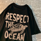 Respect The Ocean Green Turtle T Shirt Men Oversized Clothes Hip Hop Breathable Short Sleeve Harajuku Summer Cotton T-Shirt - Lootquake