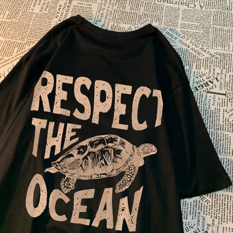 Respect The Ocean Green Turtle T Shirt Men Oversized Clothes Hip Hop Breathable Short Sleeve Harajuku Summer Cotton T-Shirt - Lootquake