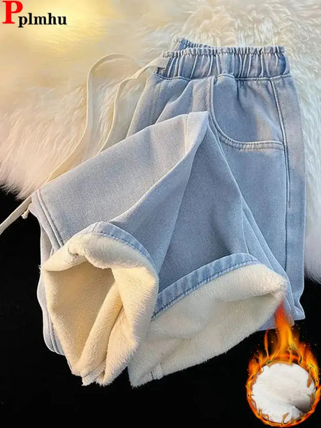 Thicken Velvet Lined Casual Wide Leg Jean  Warm Fashion High Waist Cowboy New Vaqueros  Winter Basic Snow Wear Women Denim Pants - Lootquake