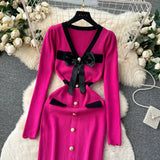 SINGREINY Office Lady Sweater Long Dress 2023 Bow Single Breasted Elastic Split Women Autumn Dress Fashion Senior Knitted Dress - Lootquake