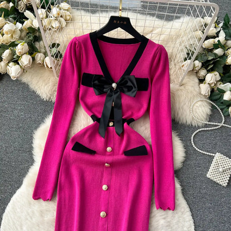 SINGREINY Office Lady Sweater Long Dress 2023 Bow Single Breasted Elastic Split Women Autumn Dress Fashion Senior Knitted Dress - Lootquake