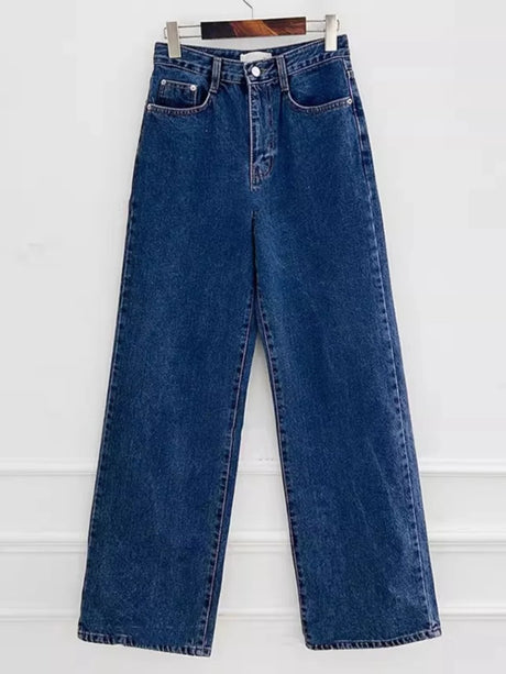 「MD」Retro High Waist Slimming Straight Leg Casual Washed Denim Jeans Women's Chic Spring Versatile Wide Leg Casual Loose Fit - Lootquake