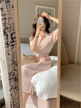 Elegant Summer Sweet Sle Turn-down Collar Single-button Thin Ice Silk Short-sleeve Knitted Long Dress Women's Fashion - Lootquake