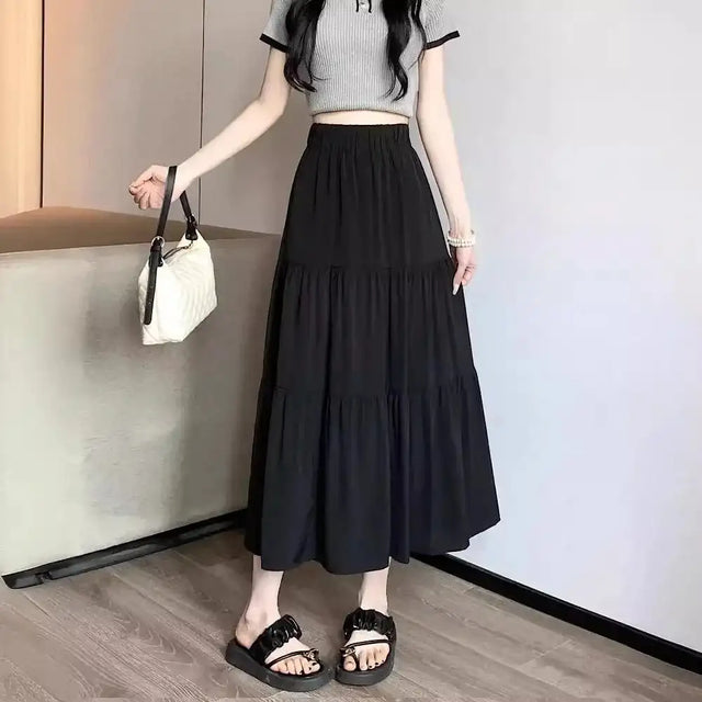 Spring 2024 New Women's Petite Black Umbrella Skirt High-waisted A- line White Dress Long Dress Drape Sense - Lootquake