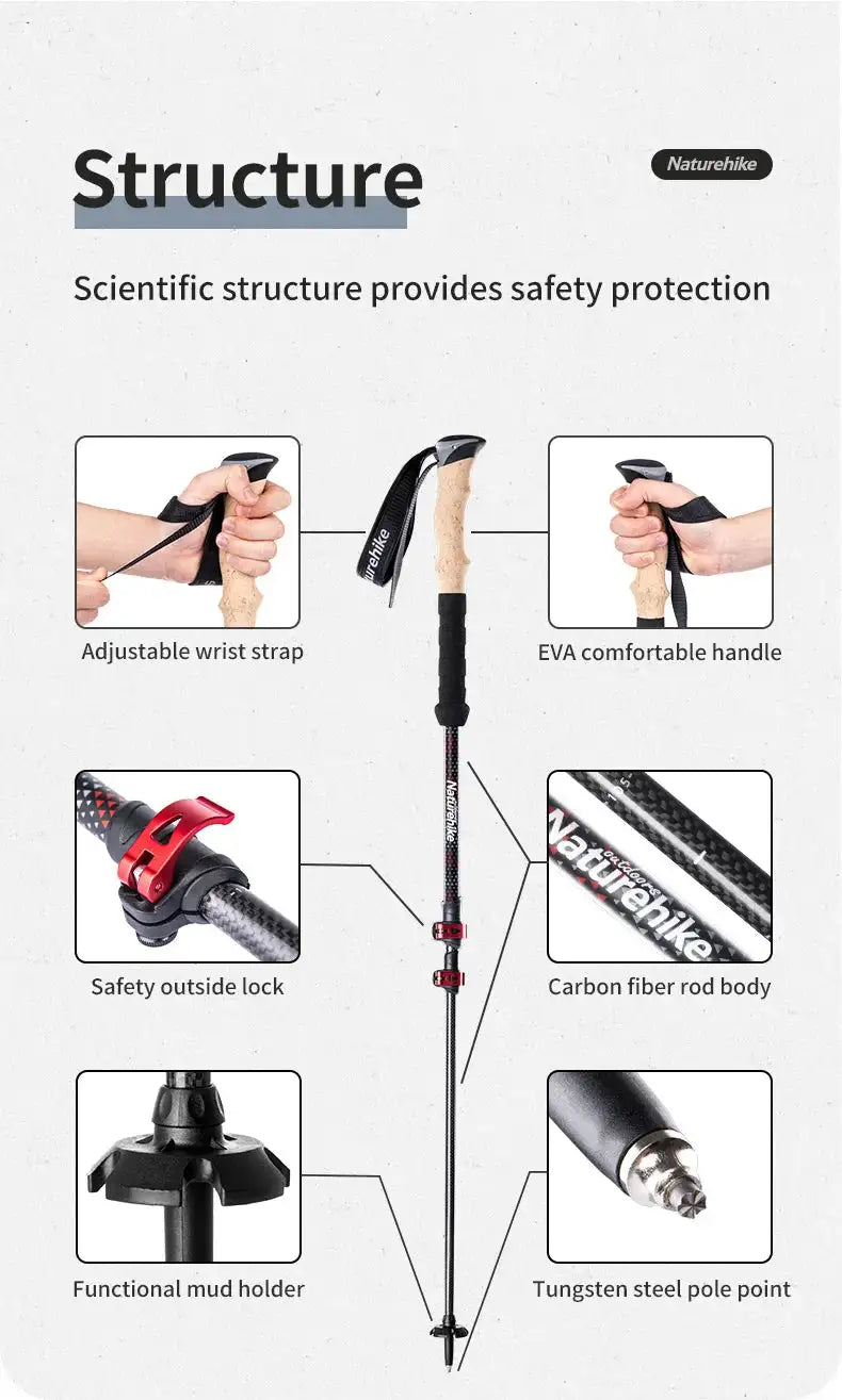 Naturehike Trekking Poles 2pcs Carbon Fiber Collapsible Telescopic Sticks Lightweight Walking Hiking Stick Climbing Stick - Lootquake
