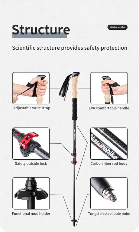 Naturehike Trekking Poles 2pcs Carbon Fiber Collapsible Telescopic Sticks Lightweight Walking Hiking Stick Climbing Stick - Lootquake