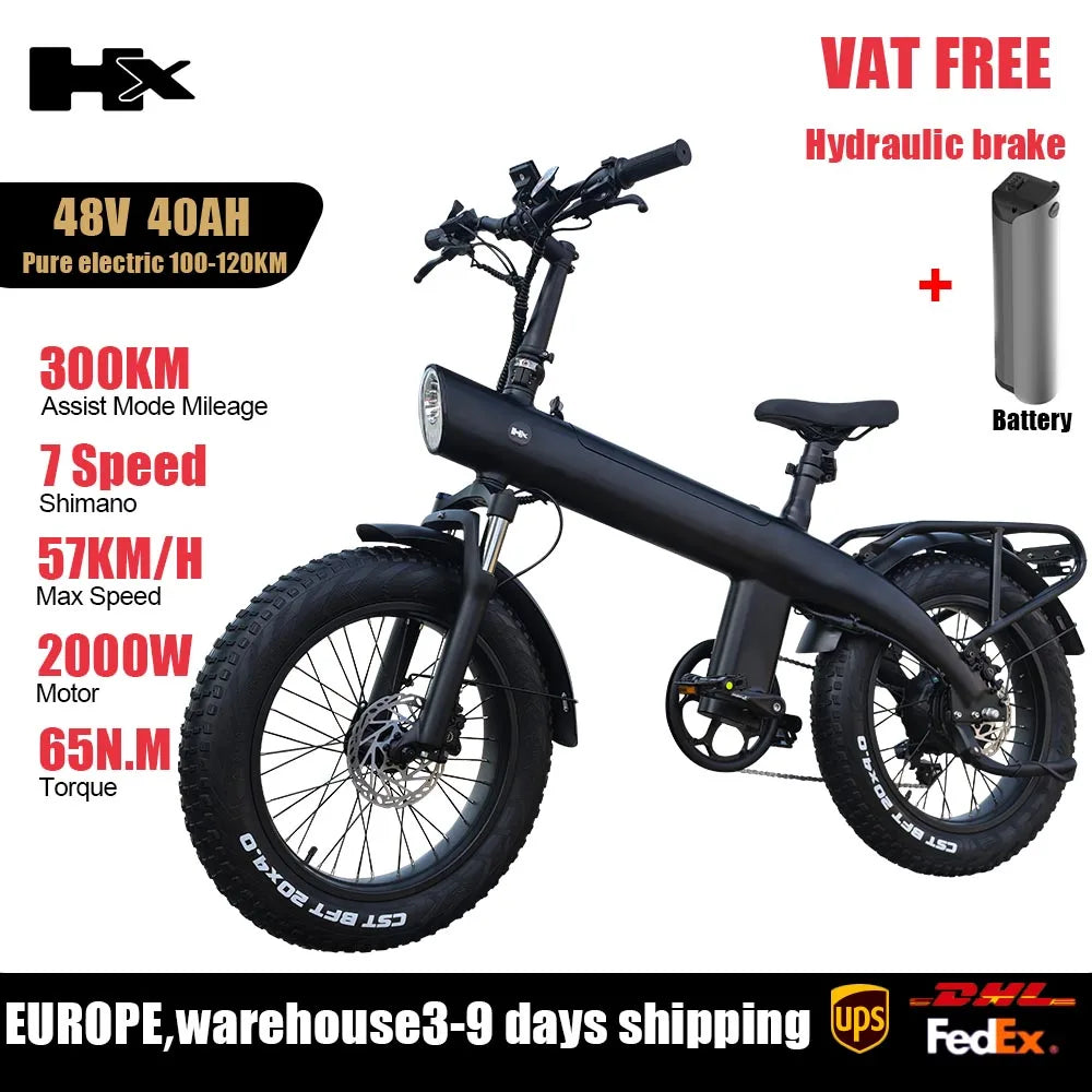 Bicicleta eléctrica para adultos HX Q20PRO de 2000 W, 48 V, 20 Ah, batería extraíble, plegable, neumáticos anchos de 20 pulgadas.