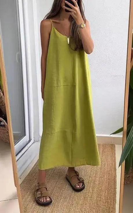 Summer Loose Spaghetti Strap Dresses Women Solid Color V-neck Casual Commuting Sleeveless Long Dress Female Fashion New Vestidos - Lootquake