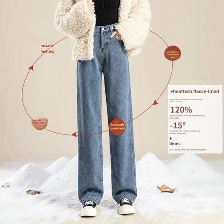 Thickened Fleece-lined Women's Jeans 2022 Winter New Style Slimming Versatile Loose-fit Straight-leg Bell Bottoms Trendy - Lootquake