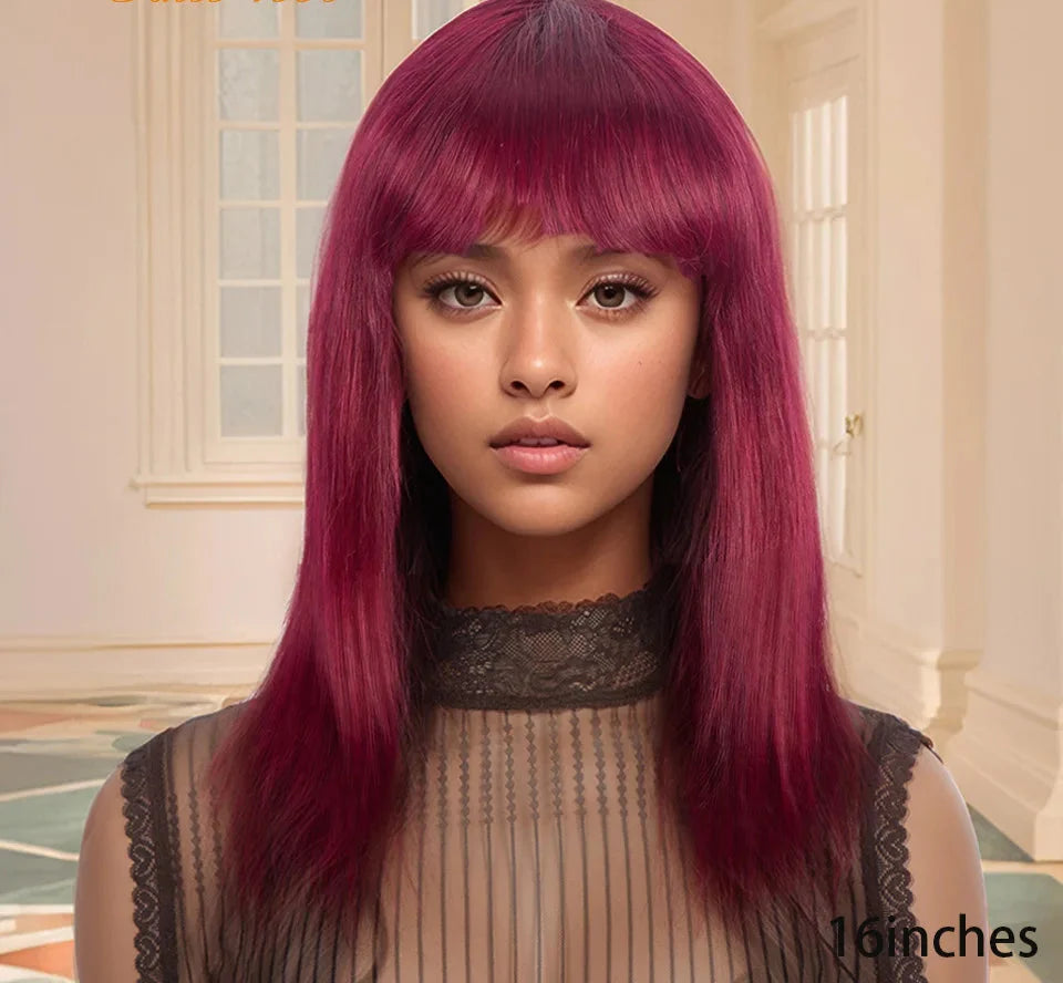 99J Burgundy Short Straight Bob Wig with Bangs | Full Machine Made Human Hair